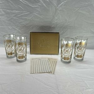 Vintage 50th Golden Anniversary Drink Glasses 12 Oz Set of 4 Plus Guest Book